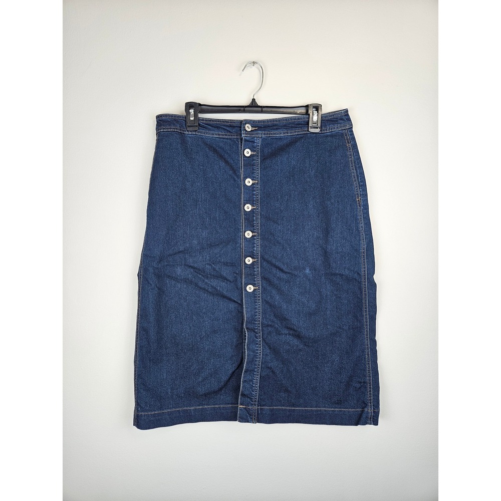 Style & Co Denim Womens Size 10 Dark Wash Button Front Midi Skirt Stretch Blue